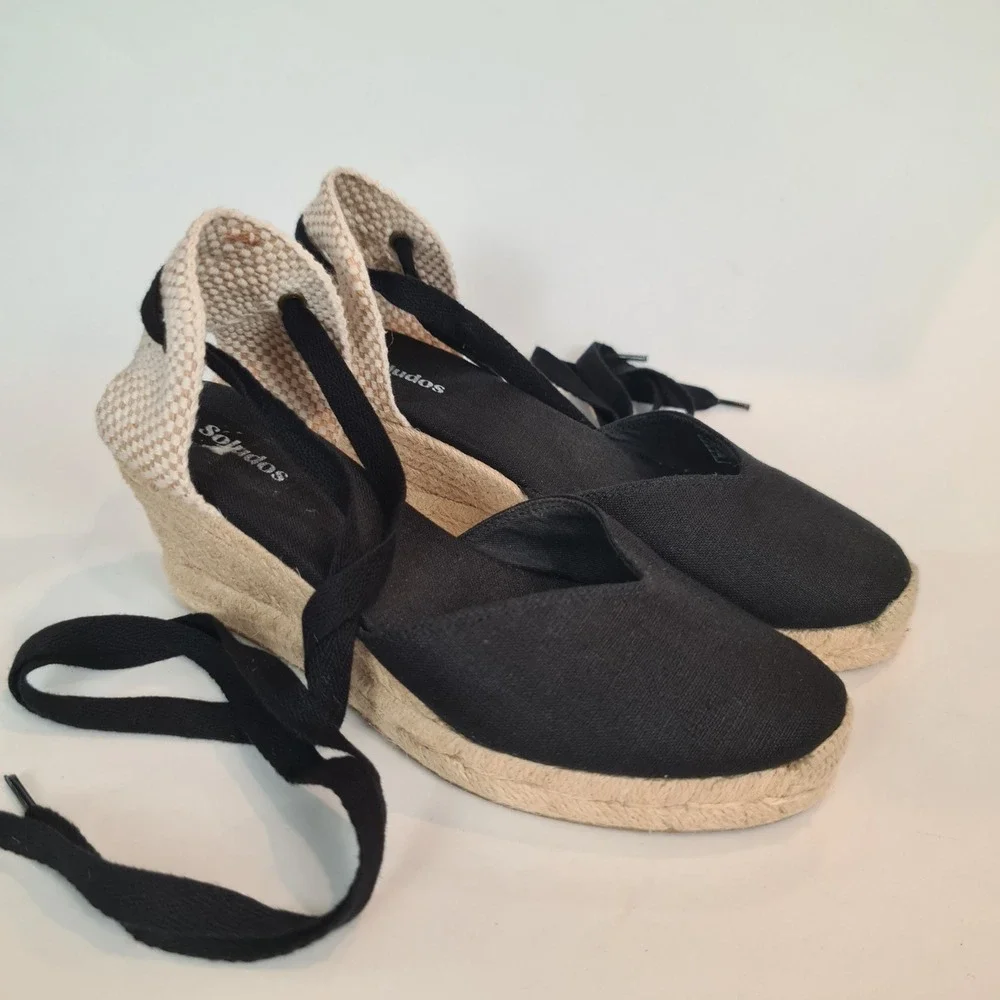 Soludos Black Canvas Marseille Wedge Lace Up Espadrille Sandals Womens Size 8